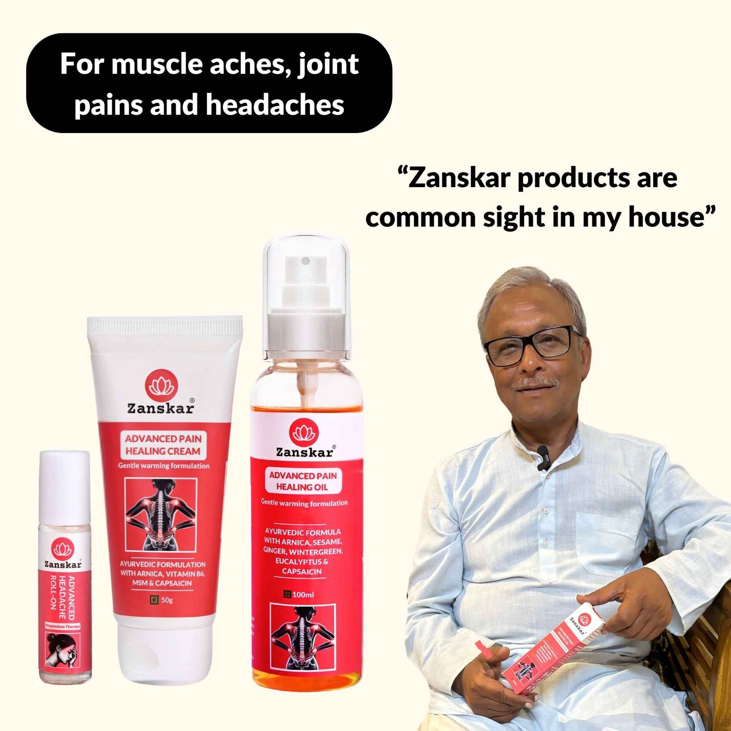 Head to Toe Pain Kit - Zanskar - combo of pain healing cream, oil and headache roll-on