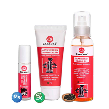 Head to Toe Pain Kit - Zanskar - combo of pain healing cream, oil and headache roll-on