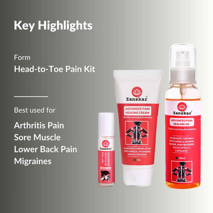 Head to Toe Pain Kit - Zanskar - combo of pain healing cream, oil and headache roll-on