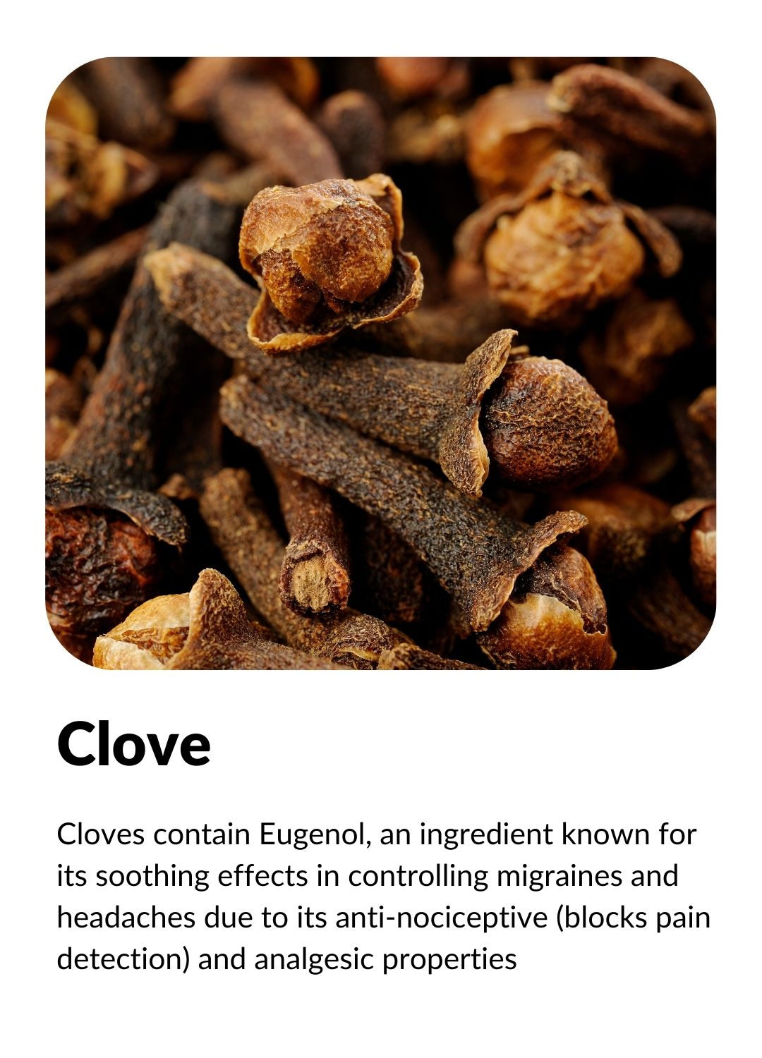 Cloves contain Eugenol, an ingredient known for its soothing effects in controlling migraines and headaches due to its anti-nociceptive (blocks pain detection) and analgesic properties